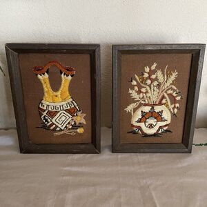 Vintage 70’s Framed Crewel Embroidered Wall Art. Set Of 2. Southwestern. Boho.